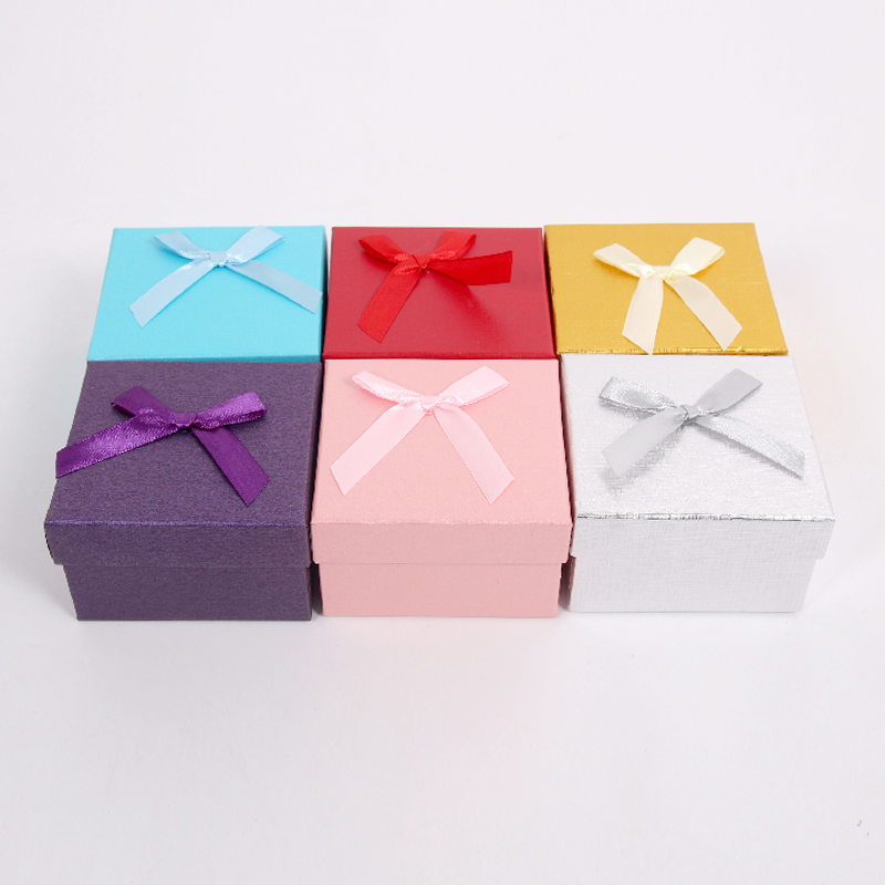 HY-1 Square Top and Bottom Cover Glitter Paper Jewelry Gift Box with Ribbon Bow